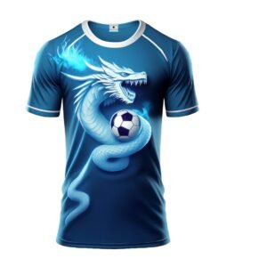 Lasting Impressions Blue athletic t-shirt featuring a fierce white dragon wrapped around a soccer ball, with glowing blue flames and sharp detailing