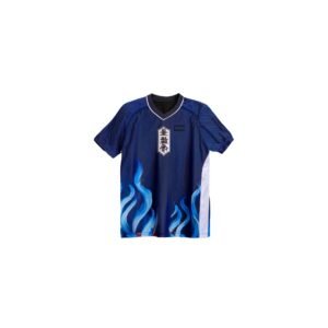 Dark blue short-sleeve shirt with blue flame graphics along the bottom and Japanese-style text on the chest.