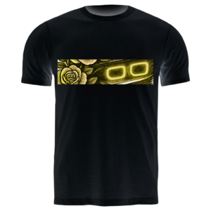 Black t-shirt with a glowing yellow graphic featuring stylized car headlights and a rose design across the chest.