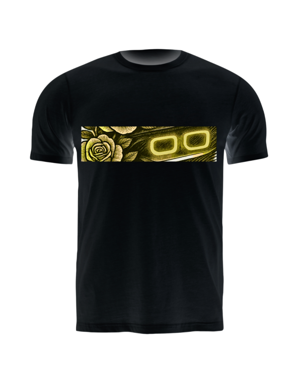 Black t-shirt with a glowing yellow graphic featuring stylized car headlights and a rose design across the chest.