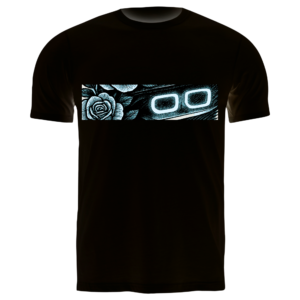 Lasting Impressions Black t-shirt with a glowing horizontal graphic featuring stylized car headlights and a rose design, illuminated in white and blue tones