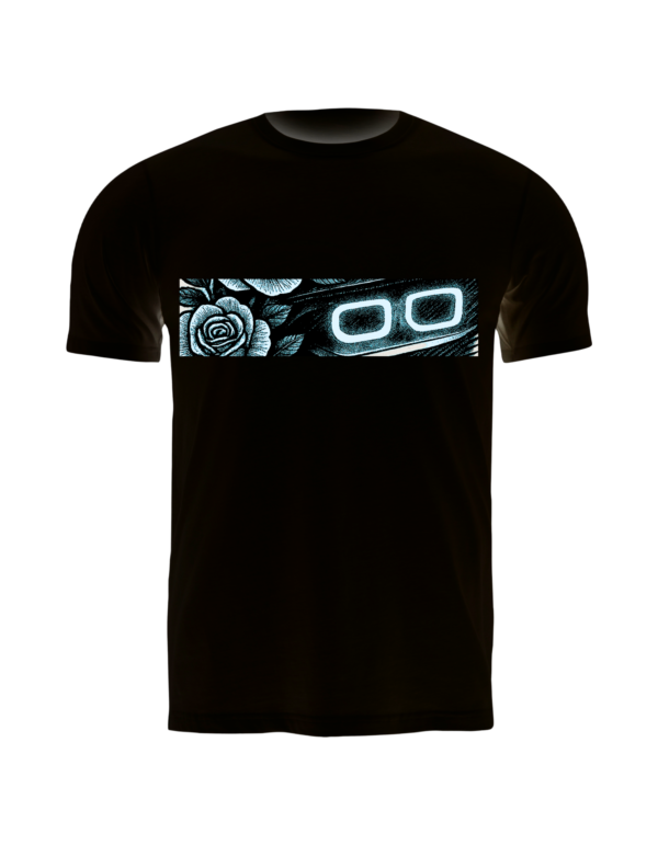 Lasting Impressions Black t-shirt with a glowing horizontal graphic featuring stylized car headlights and a rose design, illuminated in white and blue tones