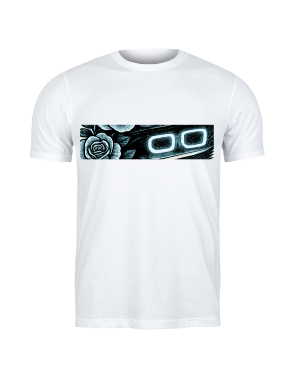 White T-shirt featuring a blue and white graphic of a glowing car headlight and a rose.