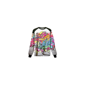 Long-sleeve shirt featuring a colorful, graffiti-style street art design with vibrant shades of pink, yellow, blue, and green on a white and black background.
