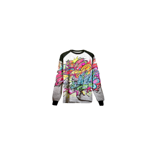 Long-sleeve shirt featuring a colorful, graffiti-style street art design with vibrant shades of pink, yellow, blue, and green on a white and black background.