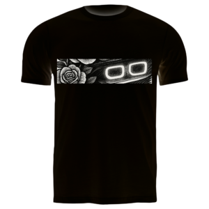 Lasting ImpressionsBlack t-shirt featuring a glowing white chest graphic with stylized car headlights and a rose design.