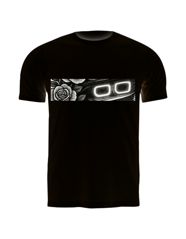 Lasting ImpressionsBlack t-shirt featuring a glowing white chest graphic with stylized car headlights and a rose design.