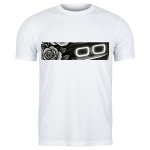 White T-shirt with a horizontal black-and-white graphic of a glowing car headlight and rose design.