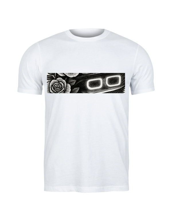 White T-shirt with a horizontal black-and-white graphic of a glowing car headlight and rose design.