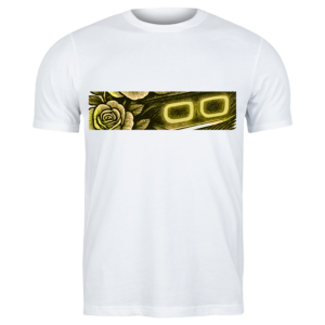 White T-shirt featuring a horizontal graphic of a yellow glowing car headlight with a rose design on the left side.