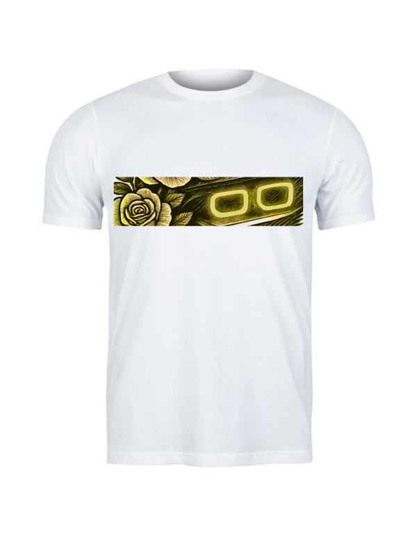 White T-shirt featuring a horizontal graphic of a yellow glowing car headlight with a rose design on the left side.